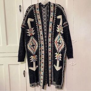 GeeGee Women's Aztec Print Open Cardigan Sweater Charcoal Gray Size M/L